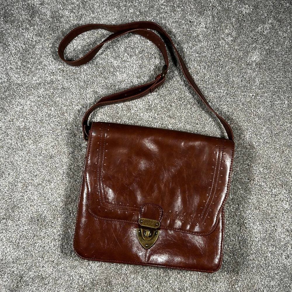 Mossimo Supply Co Brown Faux Leather Crossbody Bag Satchel Brass Turn Lock